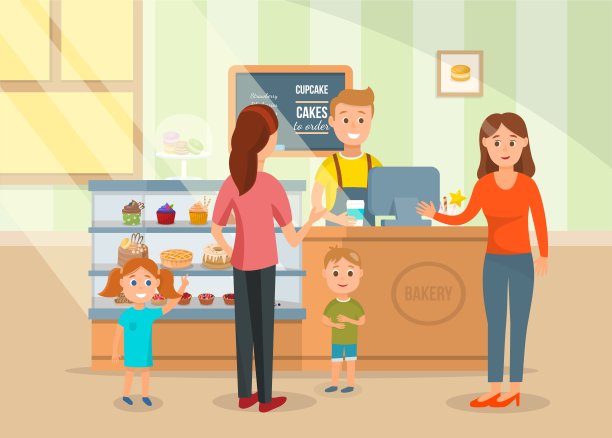 两个母亲和孩子在面包店插图图片下载