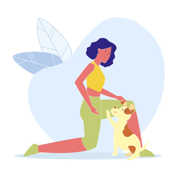 女人和平板小狗玩耍矢量图图片下载