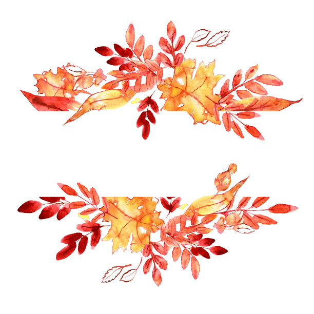 水彩手绘橙色和黄色的秋叶。背景设计回学校的邀请和感恩节卡片图片下载