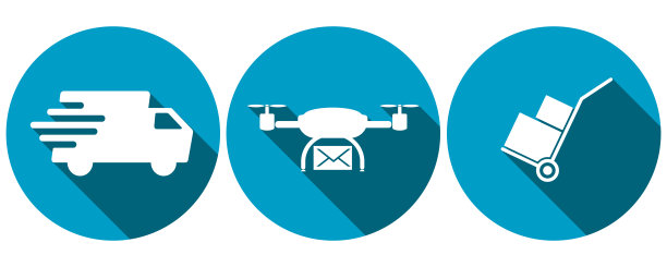 邮差货车、送货无人机和手动货车的符号图片下载