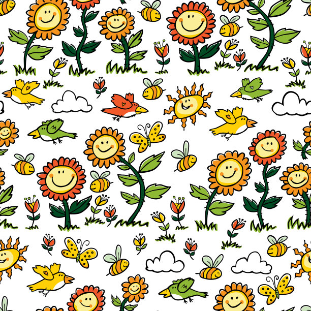 矢量彩色卡通向日葵，小鸟和蜜蜂重复图案。适用于礼品包装、纺织品、壁纸。图片下载