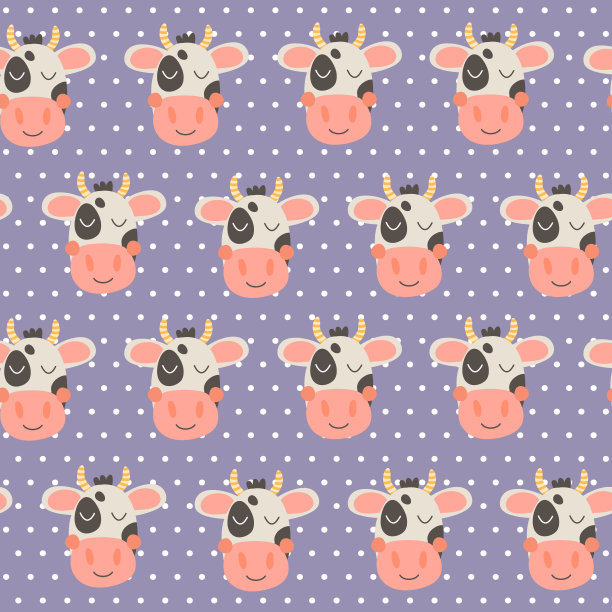 矢量插图。牛头搞笑无缝图案，有小圆点。苗圃打印农场动物。黑色、白色、紫罗兰色和粉色。图片下载