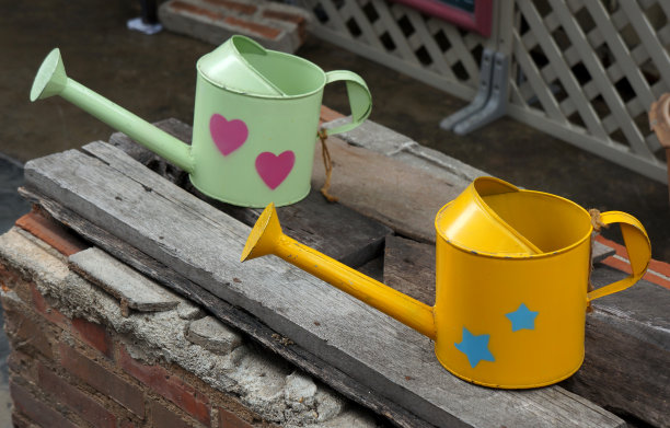 黄色和绿色的喷壶钢在木板上图片下载