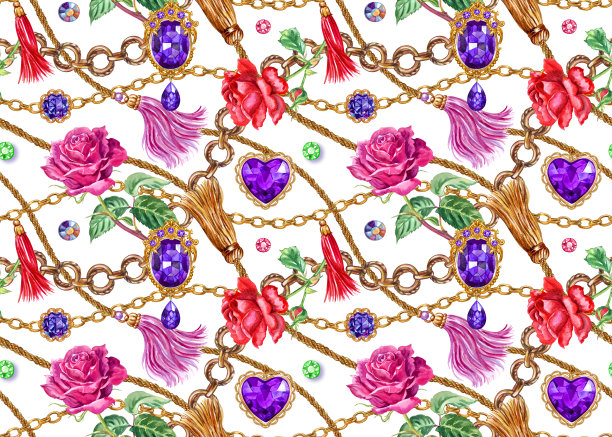 无缝模式的链，胸针和玫瑰在一个白色的背景图片下载