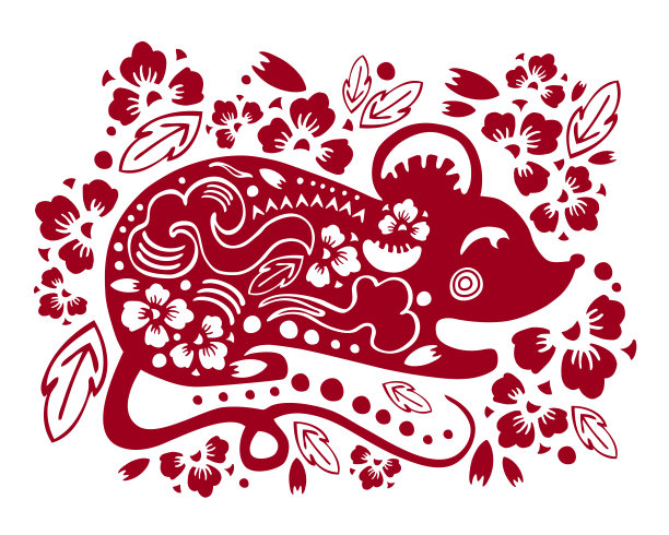 矢量传统剪纸剪影与程式化的鼠标和装饰花。2020年中国新年插画。鼠年图片下载