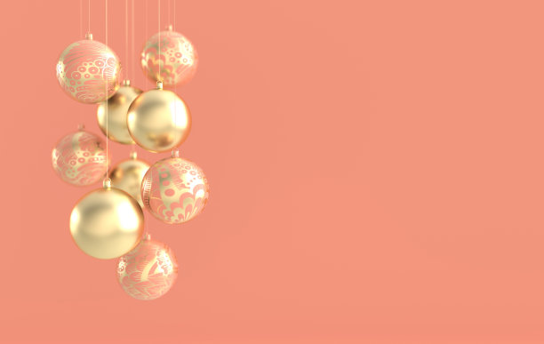 圣诞快乐新年好3D渲染插画贺卡，金色粉色圣诞球装饰，简约冬季装饰设计图片下载