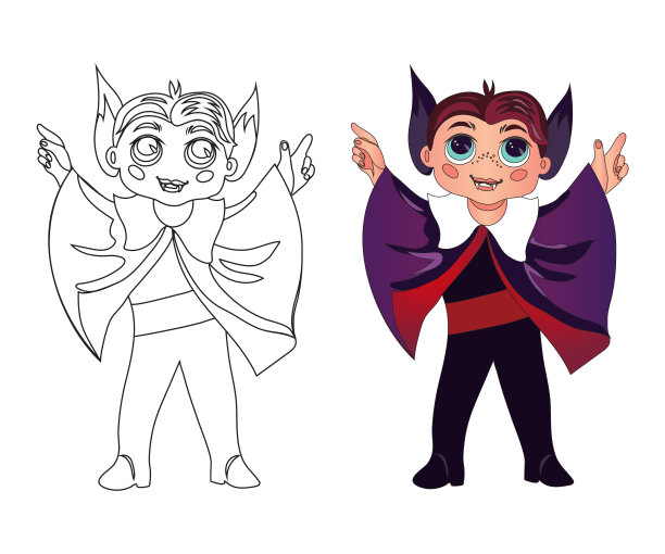 万圣节儿童涂色书页有趣的男孩在吸血鬼的西装矢量隔离图片下载