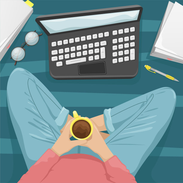 女孩坐在地板上的莲花位置与一杯咖啡。从高处俯瞰。舒适的平面矢量插图。图片下载