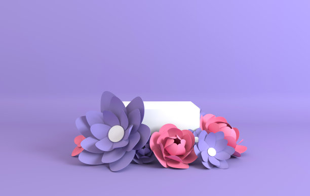 纸花架，讲台，产品展示平台。夏季或春季背景。剪纸3d渲染模型在柔和的颜色图片下载