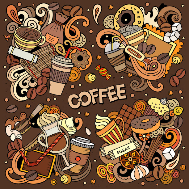彩色矢量手绘涂鸦卡通咖啡组合的对象图片下载