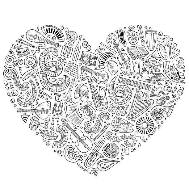 一套矢量卡通涂鸦古典乐器和物品收集在一个心图片下载