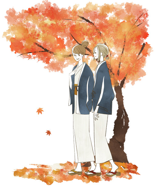 秋日，两名女子在日本浴衣中行走图片下载