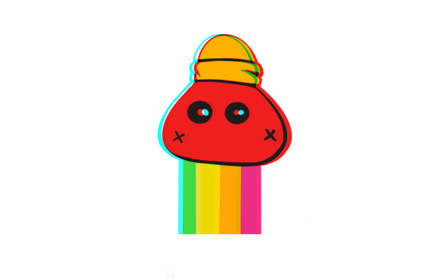 可爱的角色戴着羊毛帽子，有彩虹和分裂的颜色glitch效果。个性涂鸦风格图片下载