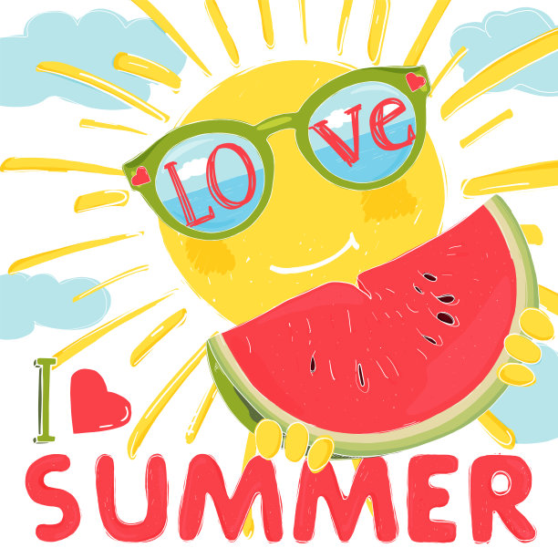 可爱的太阳戴着眼镜和一个成熟的西瓜。太阳镜映出大海和天空。我爱夏天。图片下载