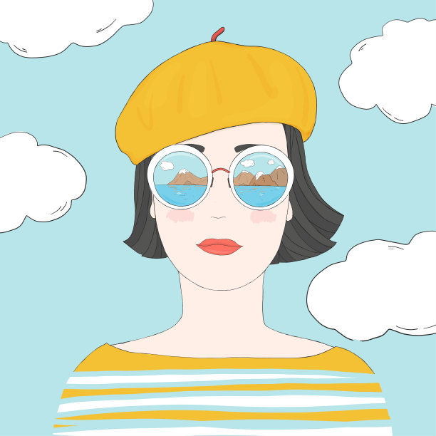 一个时尚的女人的肖像与短黑发镜眼镜和贝雷帽。手绘。图片下载