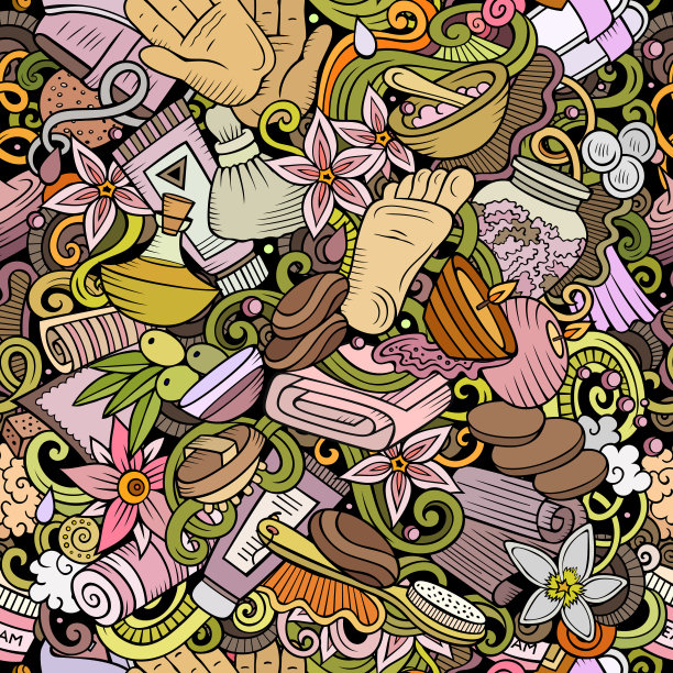 按摩手绘涂鸦无缝模式。Spa治疗背景图片下载