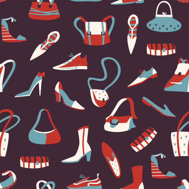 无缝模式与不同的涂鸦鞋和包。手绘矢量插图。图片下载