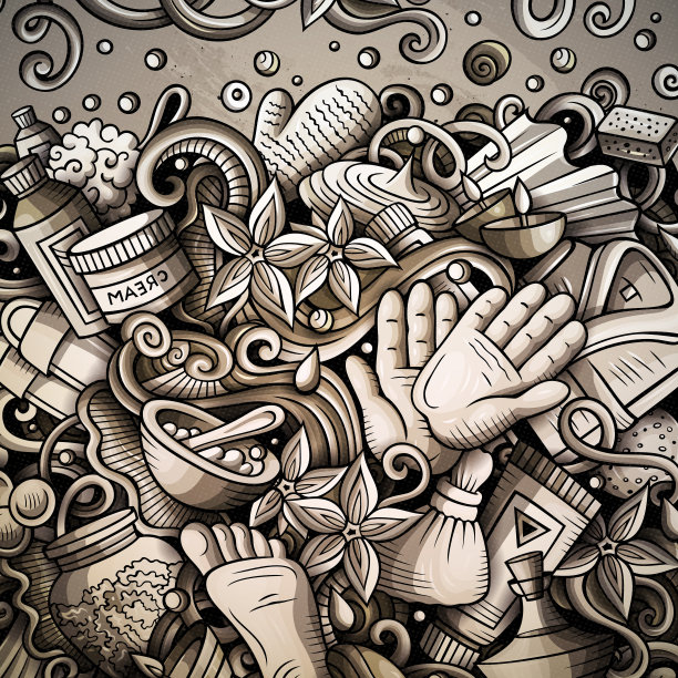 按摩手绘矢量涂鸦插图。Spa沙龙框架卡设计。美元素和对象卡通背景。色调有趣的边界。所有项目都是分开的图片下载