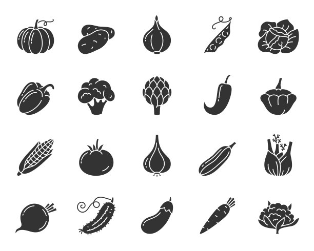 蔬菜食物黑色剪影图标矢量集图片下载