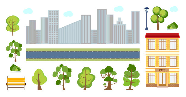 一组卡通树。绿色植物矢量孤立图标图片下载