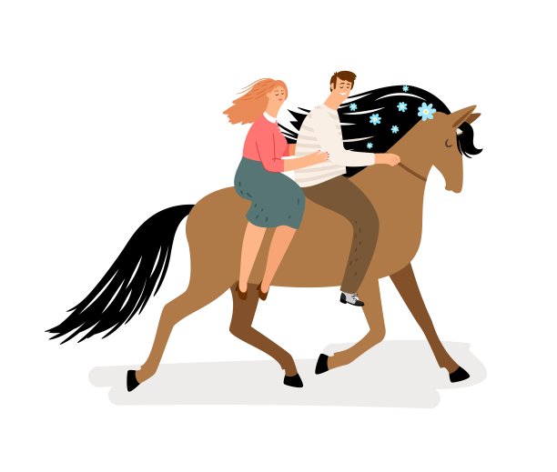 一对骑马的情侣。矢量马，男人和女人孤立在白色背景上。浪漫的插图图片下载