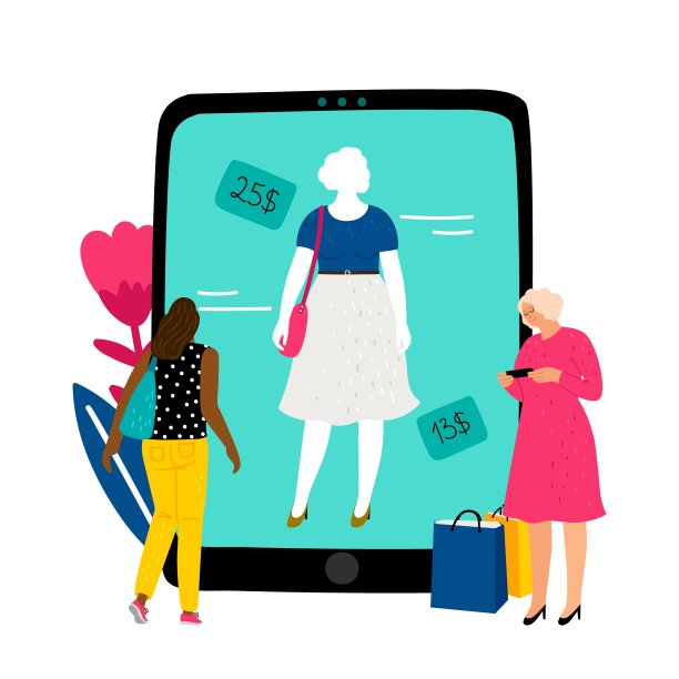 网上试衣间。女孩在网店中选择服装矢量插图图片下载