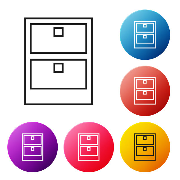 黑线档案文件抽屉图标孤立在白色背景。抽屉和文档。文件柜的抽屉里。办公家具。设置彩色圆形按钮图标。矢量图图片下载