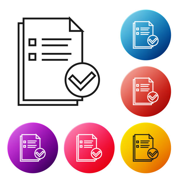 黑线文件和复选标记图标隔离在白色背景上。清单图标。经营理念。设置彩色圆形按钮图标。矢量图图片下载