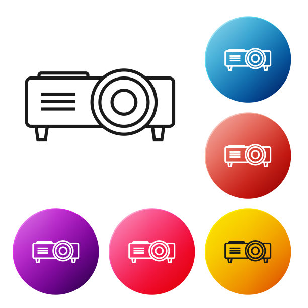 黑线表示，电影，电影，媒体投影仪图标孤立在白色背景。设置彩色圆形按钮图标。矢量图图片下载
