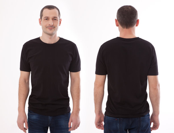 衬衫设计和人的概念-近距离的年轻人在空白的黑色t恤前面和后面孤立。模拟模板的设计打印图片下载