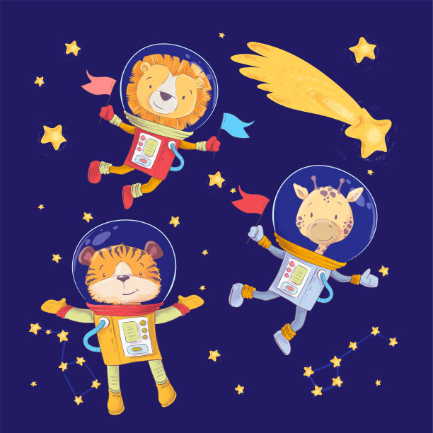 卡通可爱的动物，狮子，老虎和长颈鹿宇航员在太空。矢量图图片下载