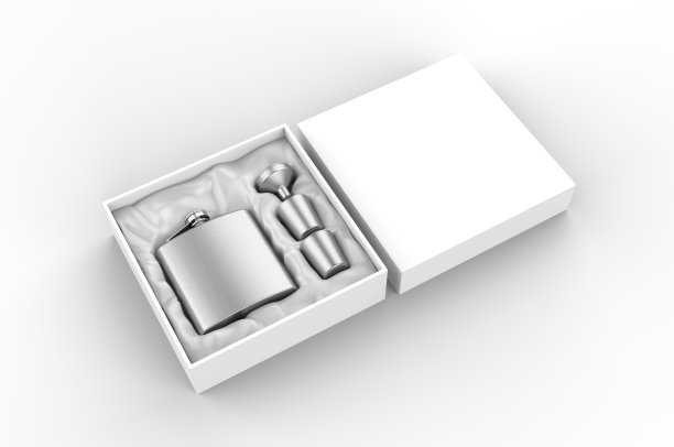 空白不锈钢髋烧瓶和杯子礼品品牌，3d插图。图片下载