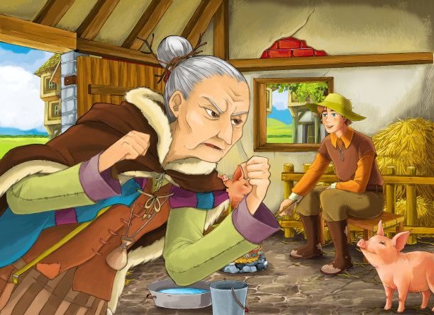 卡通场景：老女巫和农场主在猪圈里图片下载