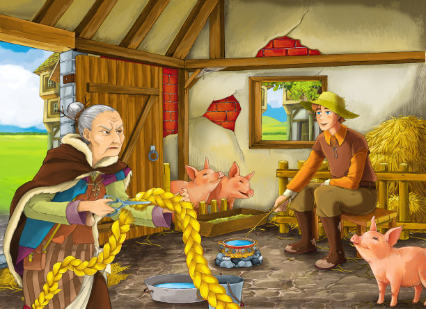 农场谷仓场景：农场主或伪装的王子与老女巫图片下载