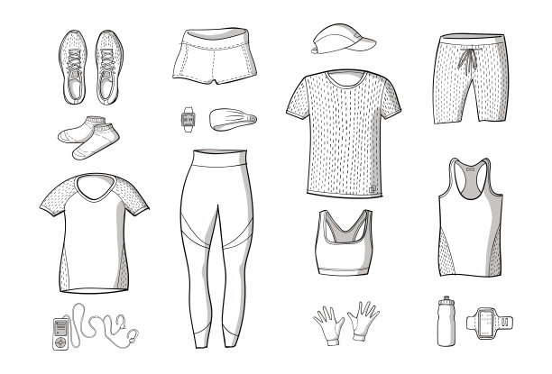 跑步服装套装手绘插图。涂鸦风格。白色背景上的线条图片下载