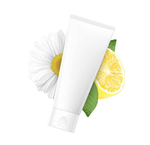 空白塑料管的化妆品与甘菊和柠檬。前视图。图片下载