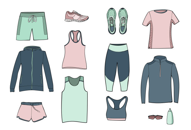 跑步服套装手绘插图。彩色涂鸦风格。向量图片下载