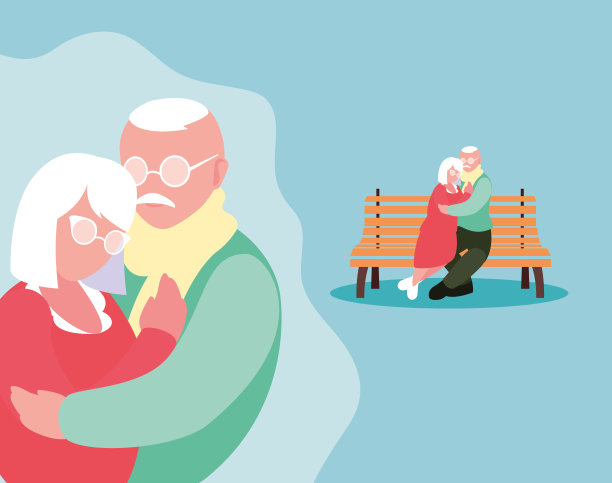 可爱的老夫妇坐在公园的椅子上拥抱图片下载