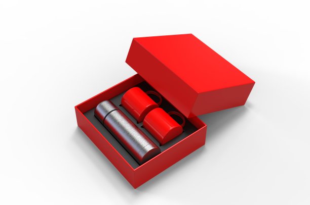 空白不锈钢烧瓶和两个咖啡杯在一个盒子为品牌。3 d渲染插图。图片下载