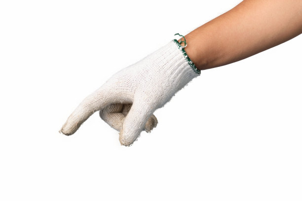 人的手戴着机械手套，在孤立的背景上显示手势按钮。图片下载