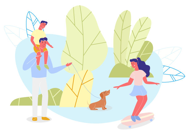 快乐的父亲和孩子们在卡通公园散步图片下载