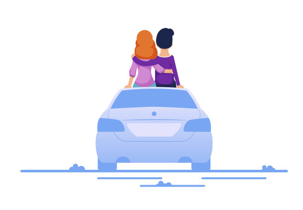 一对情侣在露天汽车电影院卡通约会图片下载