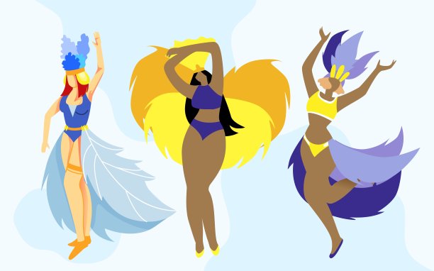 穿着彩色羽毛服装跳舞的女人。图片下载