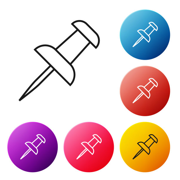 黑线推针图标隔离在白色背景上。图钉的迹象。设置彩色圆形按钮图标。矢量图图片下载