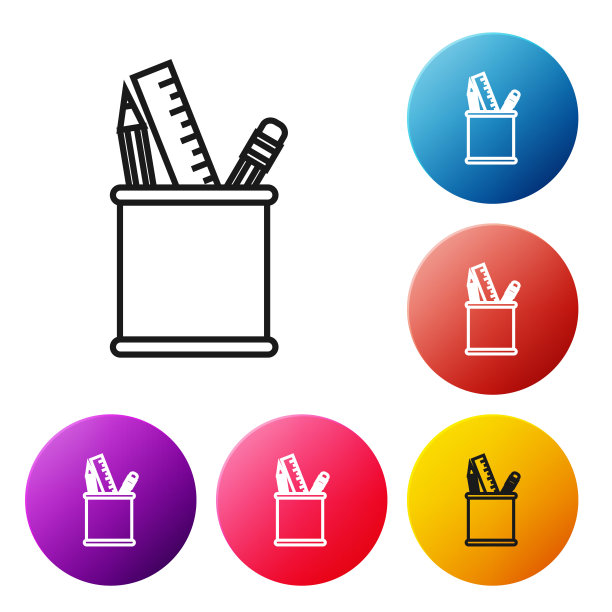 黑色线铅笔盒文具图标孤立在白色背景。铅笔，钢笔，办公室用的玻璃杯里的尺子。设置彩色圆形按钮图标。矢量图图片下载