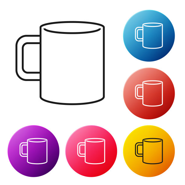 黑线咖啡杯平面图标孤立在白色背景。茶杯。热喝咖啡。设置彩色圆形按钮图标。矢量图图片下载
