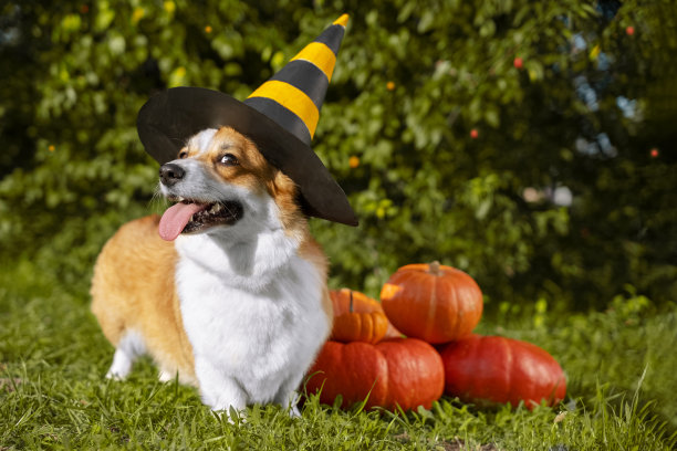 可爱的威尔士柯基犬戴着节日的万圣节黑色和黄色的女巫帽，坐在一堆不同大小的橙色南瓜旁边，绿色的草地上，背景是树图片下载