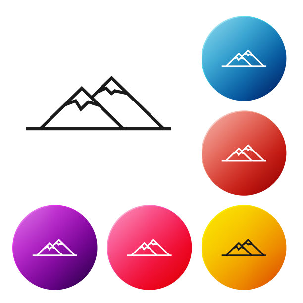 黑线山图标孤立在白色背景。象征胜利或成功的概念。设置彩色圆形按钮图标。矢量图图片下载