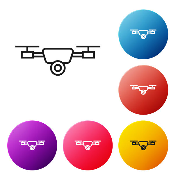 黑线无人机飞行与行动摄像头图标隔离在白色背景。带有视频和照片相机符号的四轴飞行器。设置彩色圆形按钮图标。矢量图图片下载