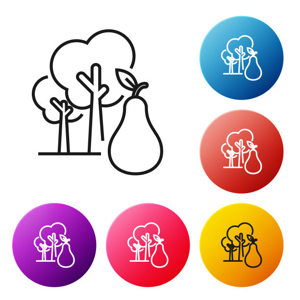 黑线树与梨图标孤立在白色背景。农业植物。有机农场的产品。园艺的主题。设置彩色圆形按钮图标。矢量图图片下载